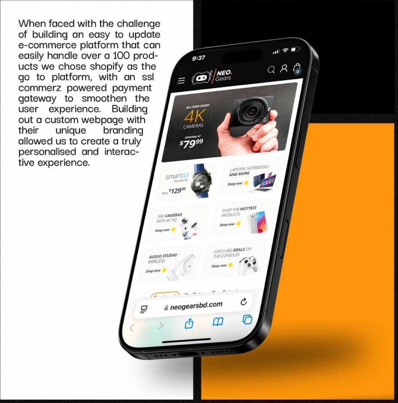 The NeoGears store on a phone, with notes on the Shopify and SSLCommerz build