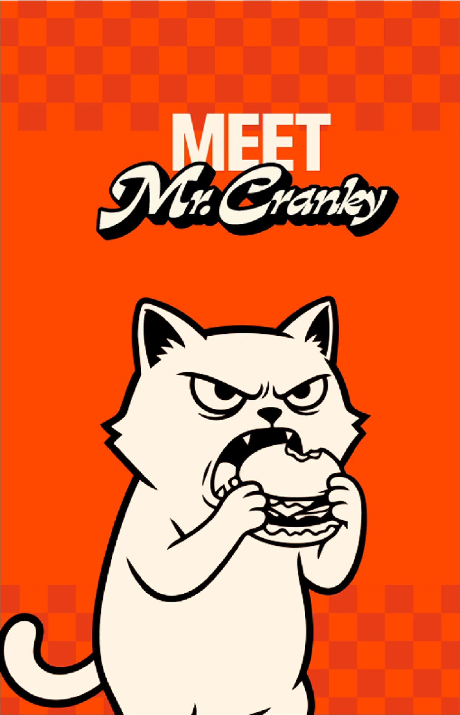“Meet Mr. Cranky”: a grumpy cat biting into a burger