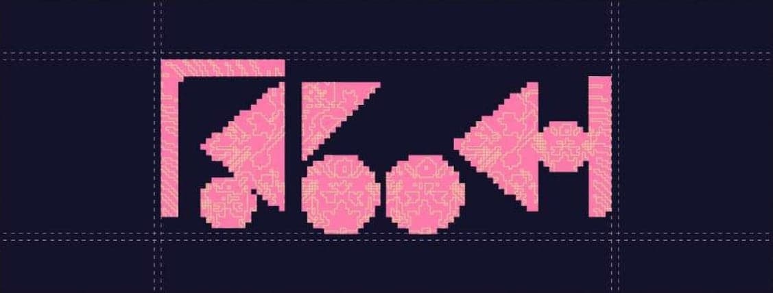 Rishka logo in pink, built from jagged, stitched pixels, on navy