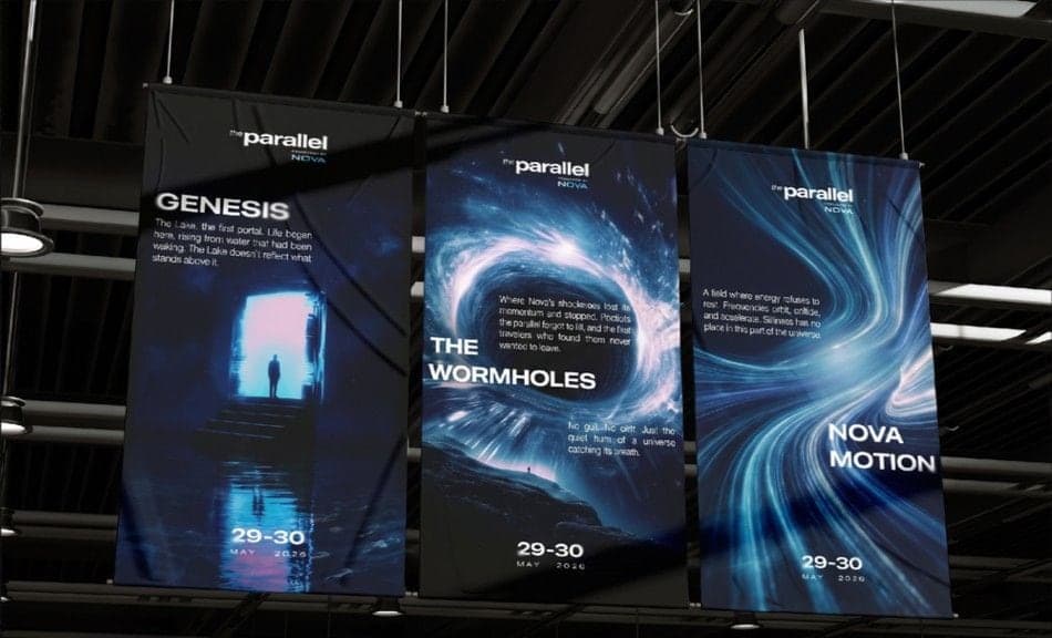 Hanging banners for the Genesis, Wormholes and Nova Motion zones, 29–30 May 2026