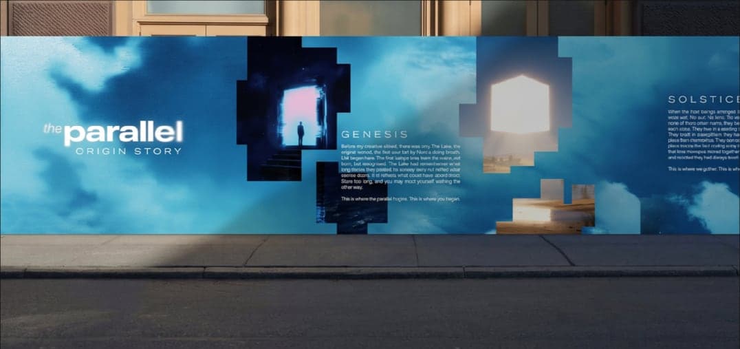 “The Parallel origin story” street hoarding for the Genesis zone
