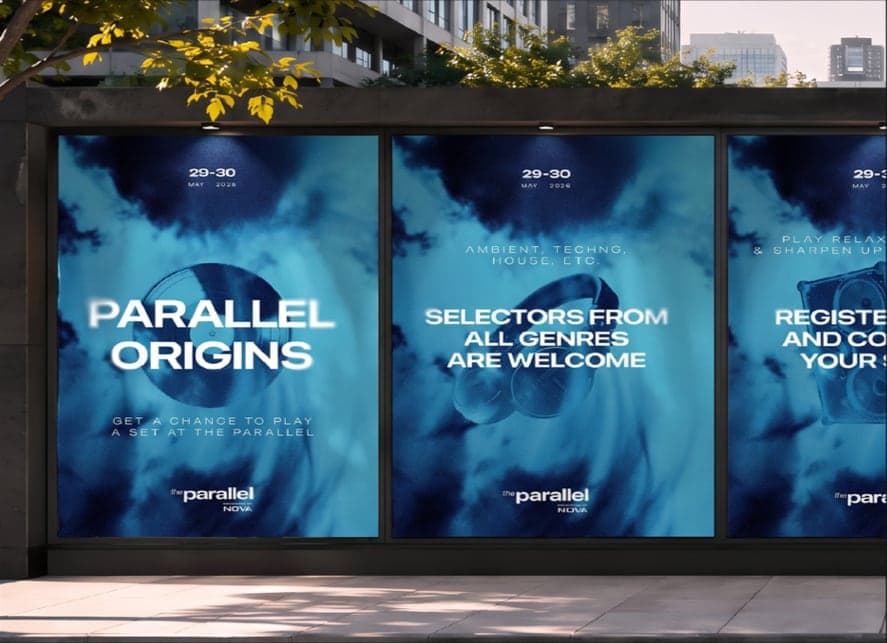 Bus-shelter posters: “Parallel Origins” and “Selectors from all genres are welcome”