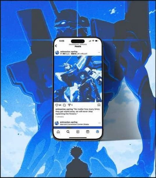 Instagram post on a phone over anime artwork