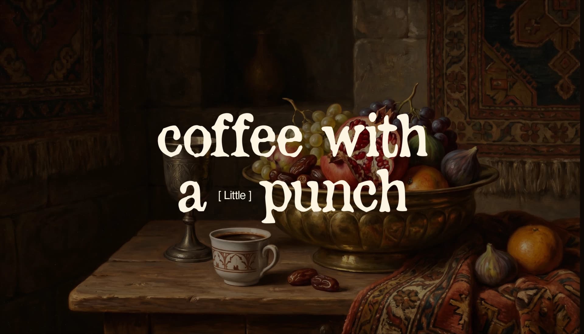 “Coffee with a little punch”: a still life of coffee, fruit and a carpet