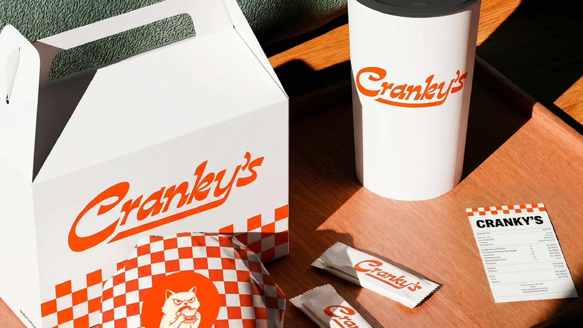 Cranky's packaging: a burger box, a cup, a checkerboard wrapper and sauce sachets