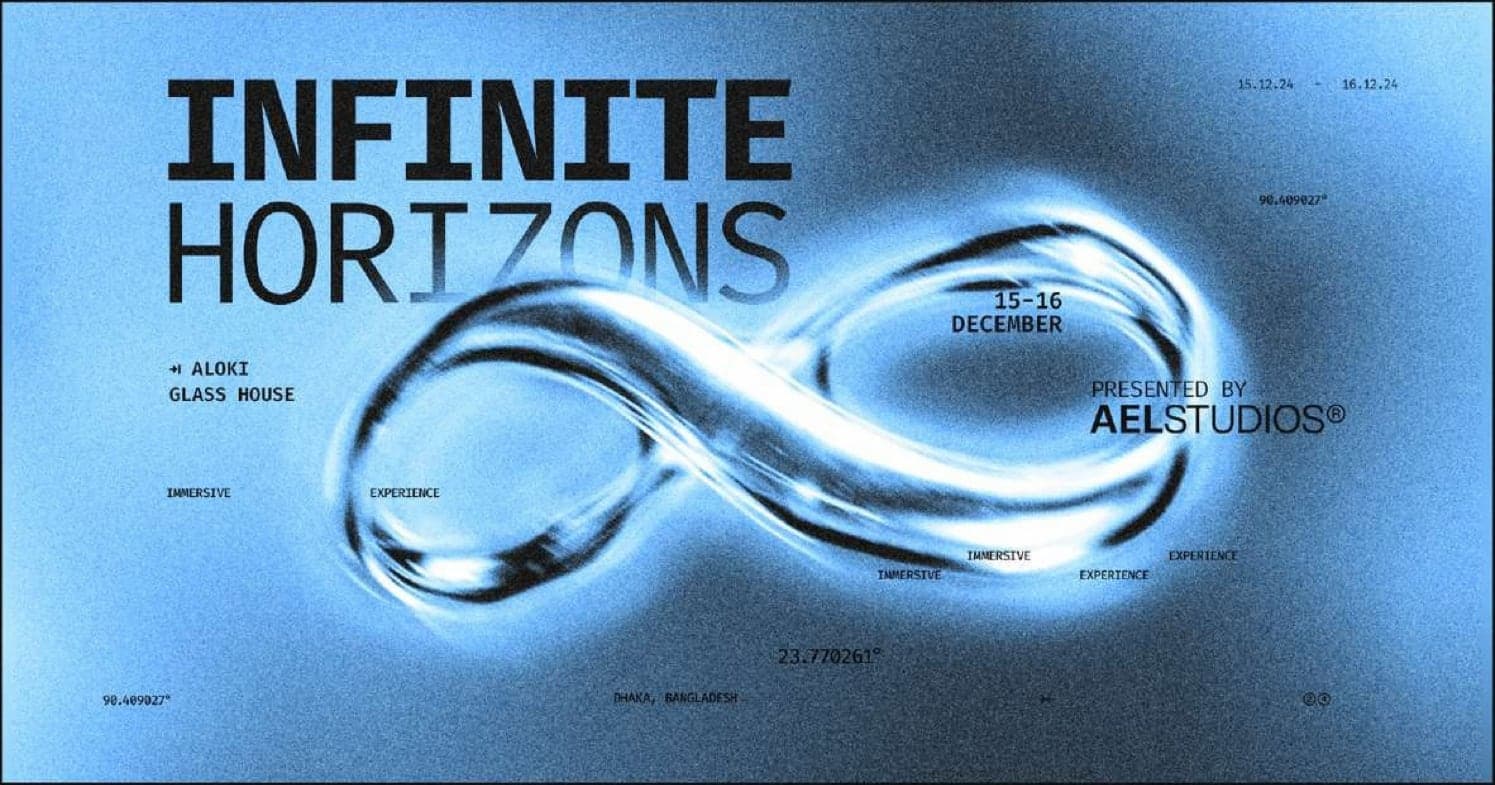 Infinite Horizons key visual: a chrome infinity loop on sky blue, 15–16 December, Aloki Glass House, presented by AEL Studios