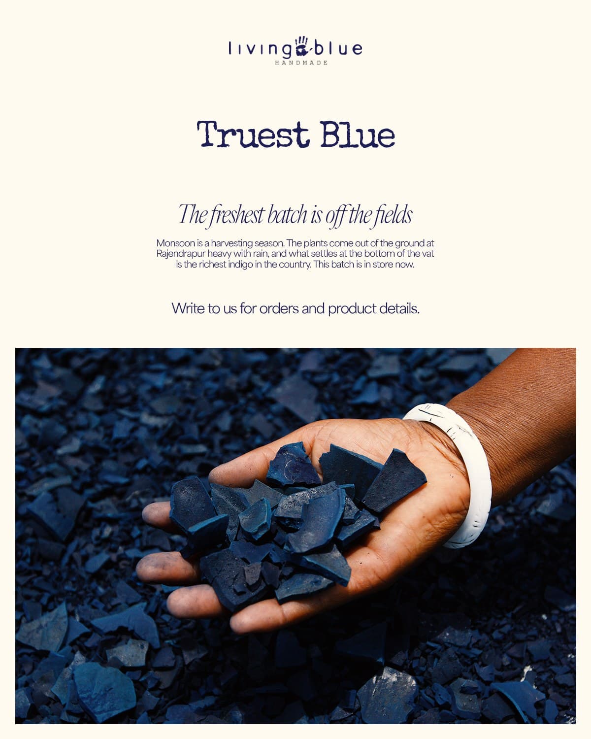 “Truest Blue”: the freshest indigo batch, held in a hand