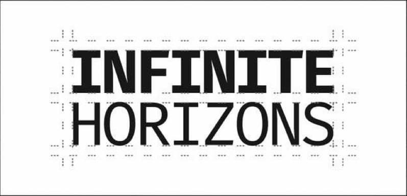 Infinite Horizons wordmark in black on white, on a technical grid