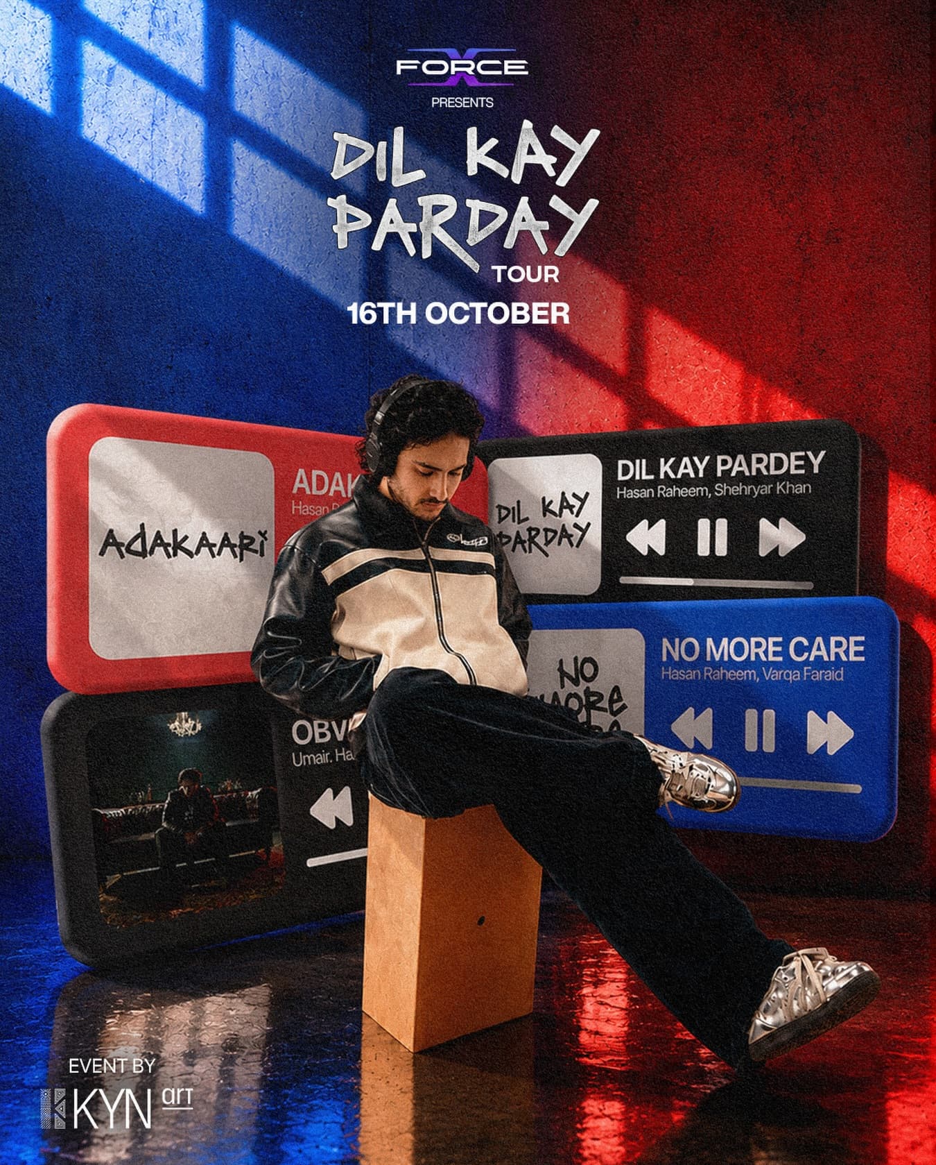 Hasan Raheem among his song cards: Dil Kay Pardey, Adakaari, No More Care, Obvious