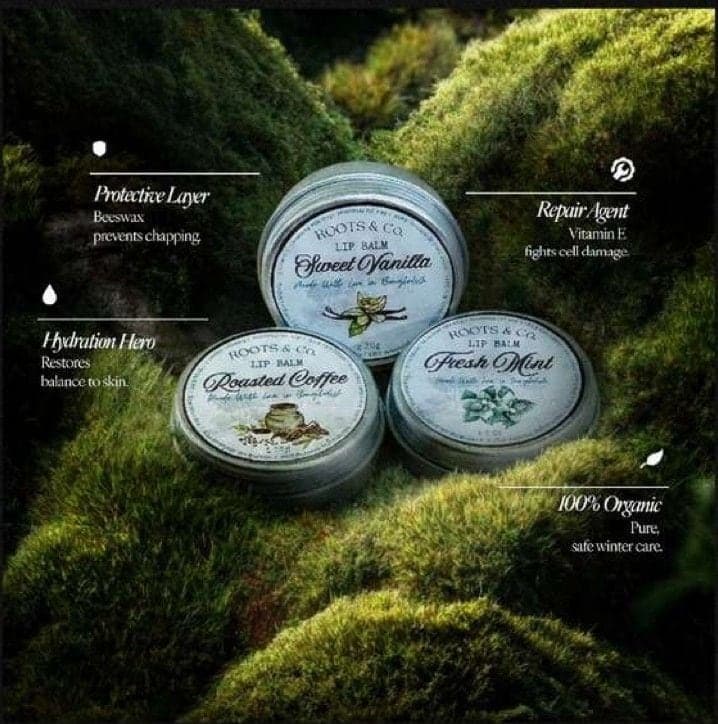 Lip balm tins on moss, with product callouts