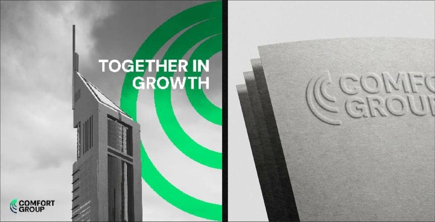 “Together in growth” building visual, and the logo embossed on paper