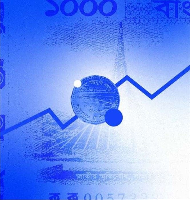 Taka note and coin behind a rising blue growth line