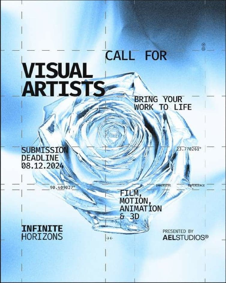 “Call for visual artists” poster with a chrome rose, submission deadline 08.12.2024