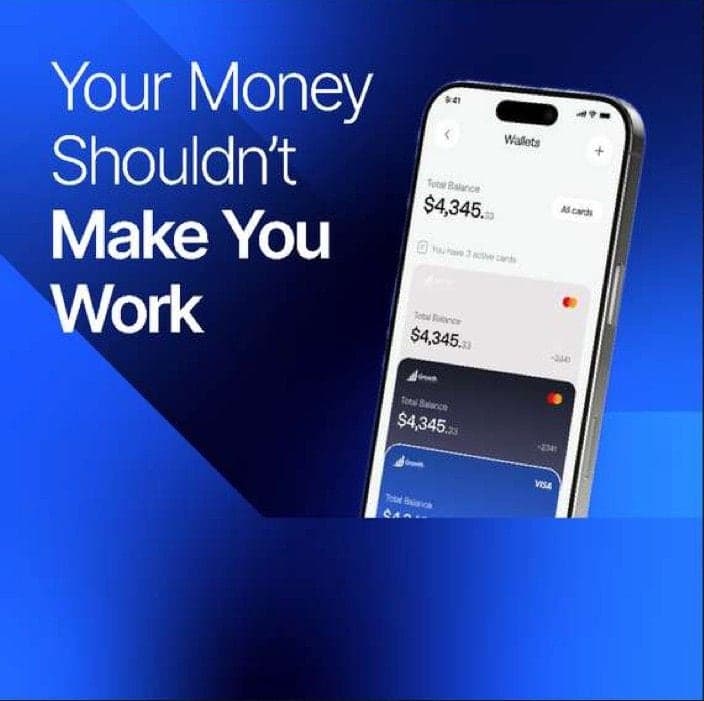 Social post: “Your money shouldn’t make you work”, with a banking app on a phone