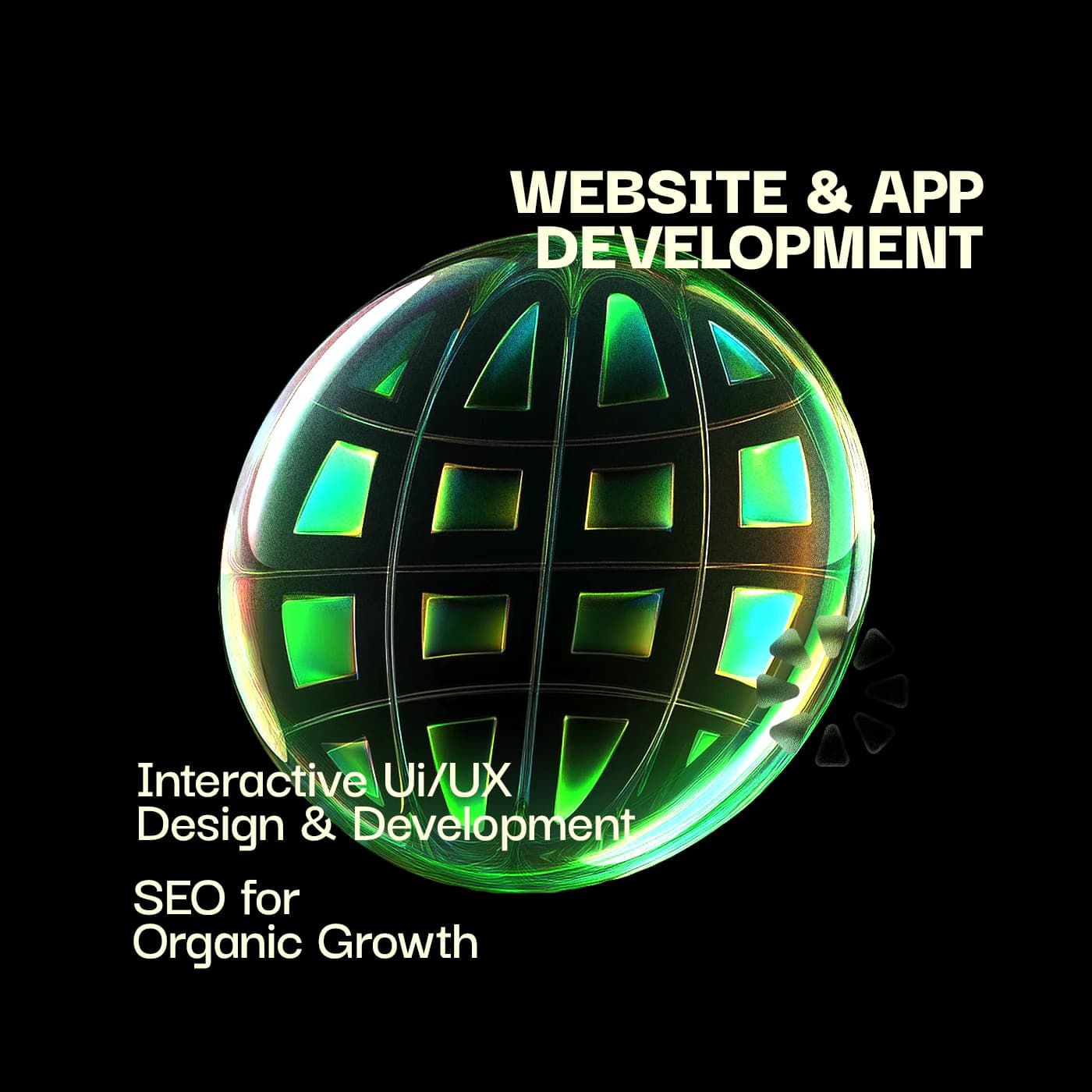 Chrome-green 3D globe, titled Website & App Development