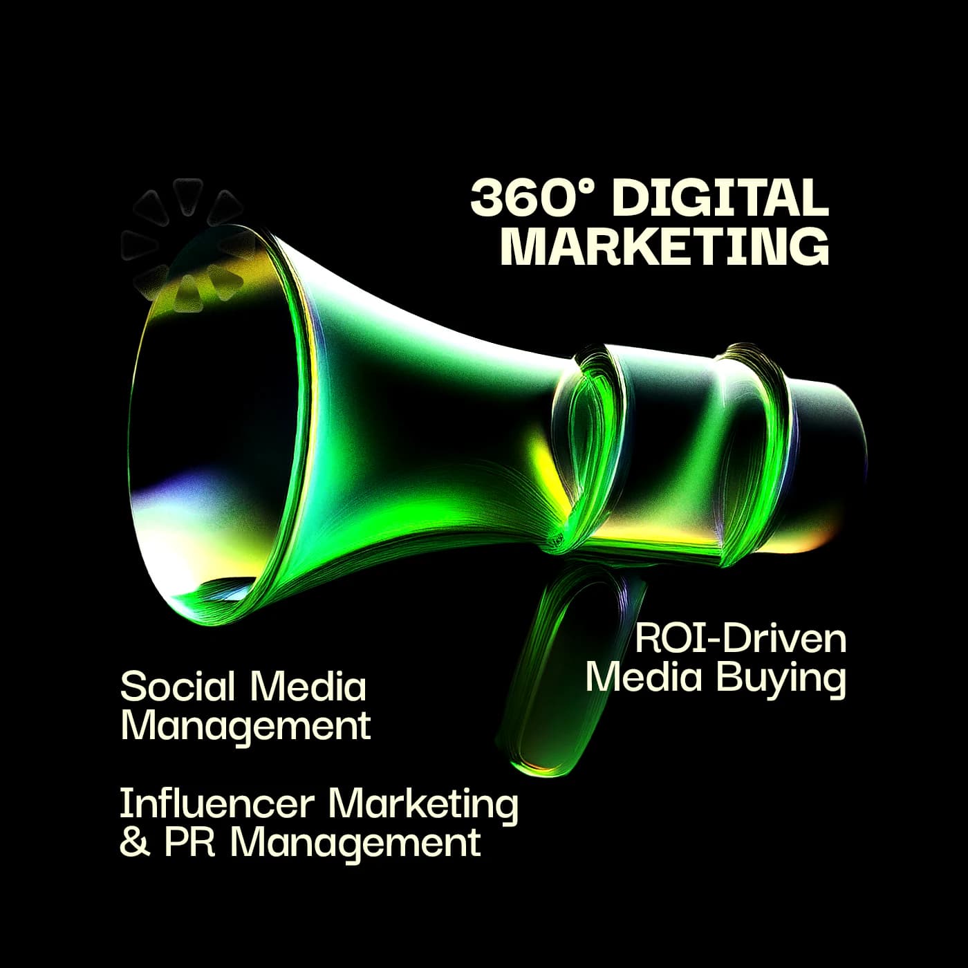 Chrome-green 3D megaphone, titled 360° Digital Marketing